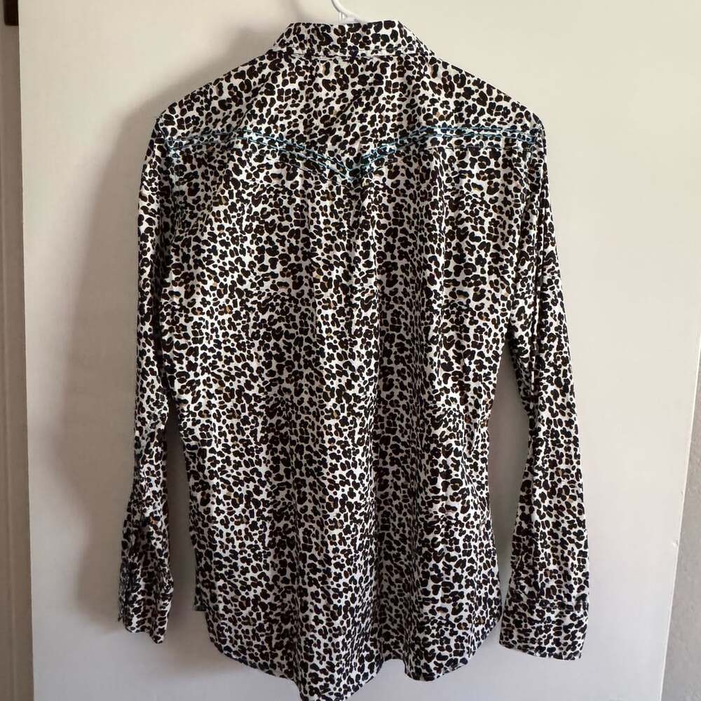 Cowgirl Hardware Leopard Print Western Button-Up Shirt with Teal Embroidery Med - Picture 10 of 12